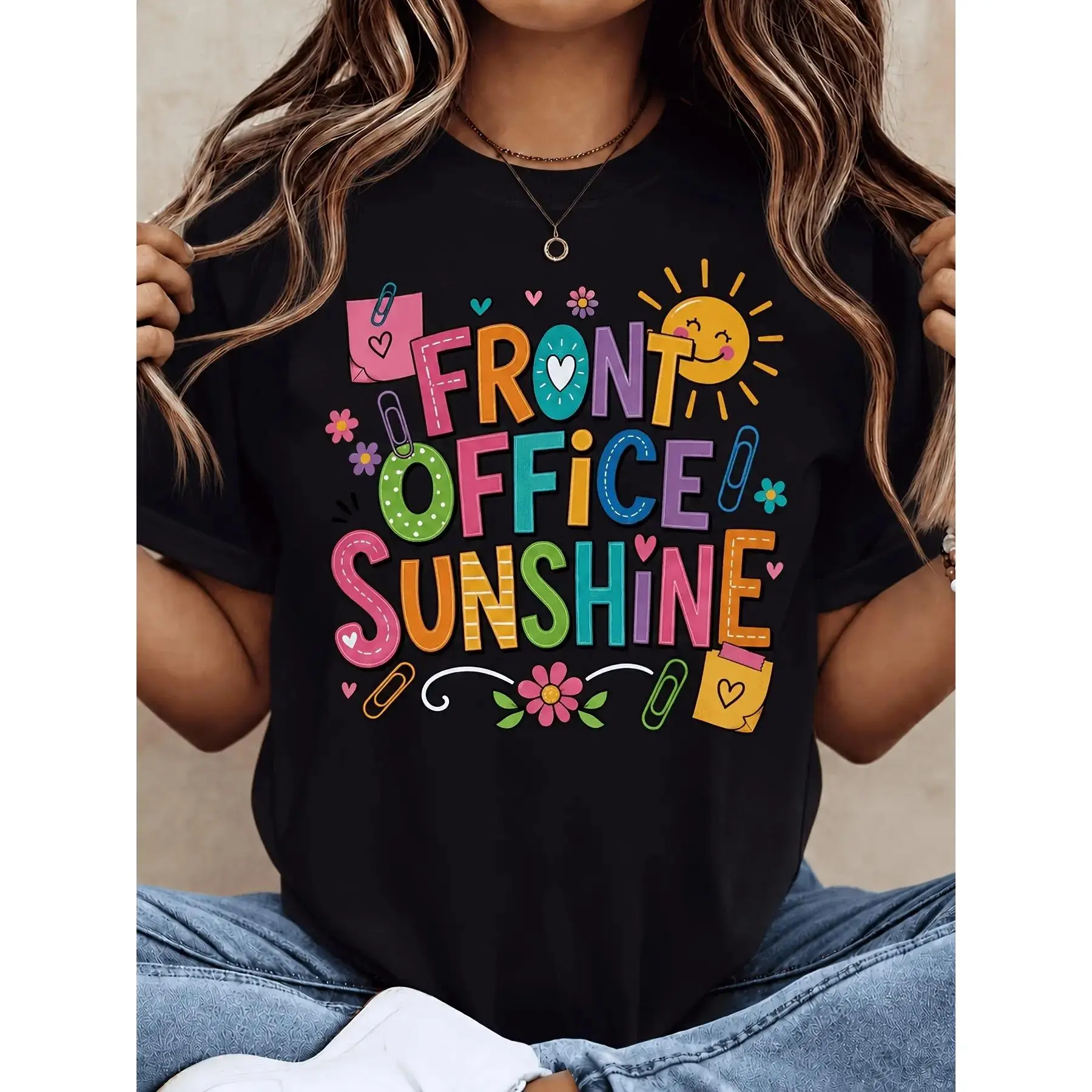 Front Office Sunshine T‑Shirt, Colorful Fun Graphic Crew Neck Short‑Sleeve Tee, Gift For Secretary Admin Staff Teacher Back To School Casual Top