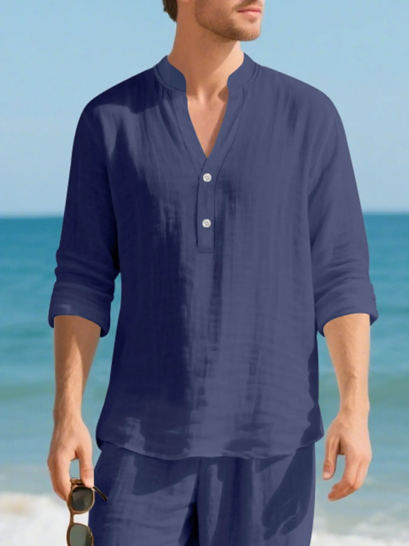 Men's Linen Shirt Classic Stand Collar Button Front, Loose Fit Casual Breathable V Neck Henley Long Sleeve T-Shirt, Cross-Border Independent Store