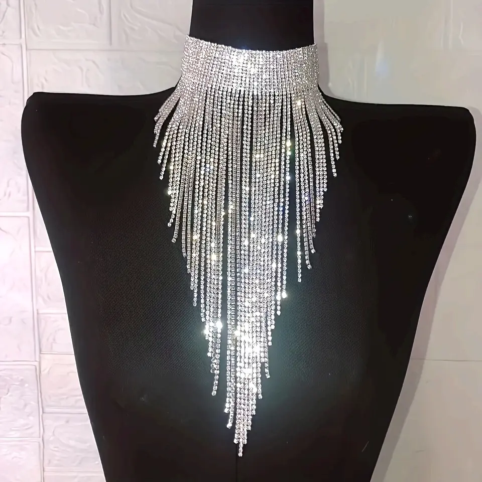Long Tassel Necklace 3 Colors Rhinestone Jewelry Party Evening Dress Accessory