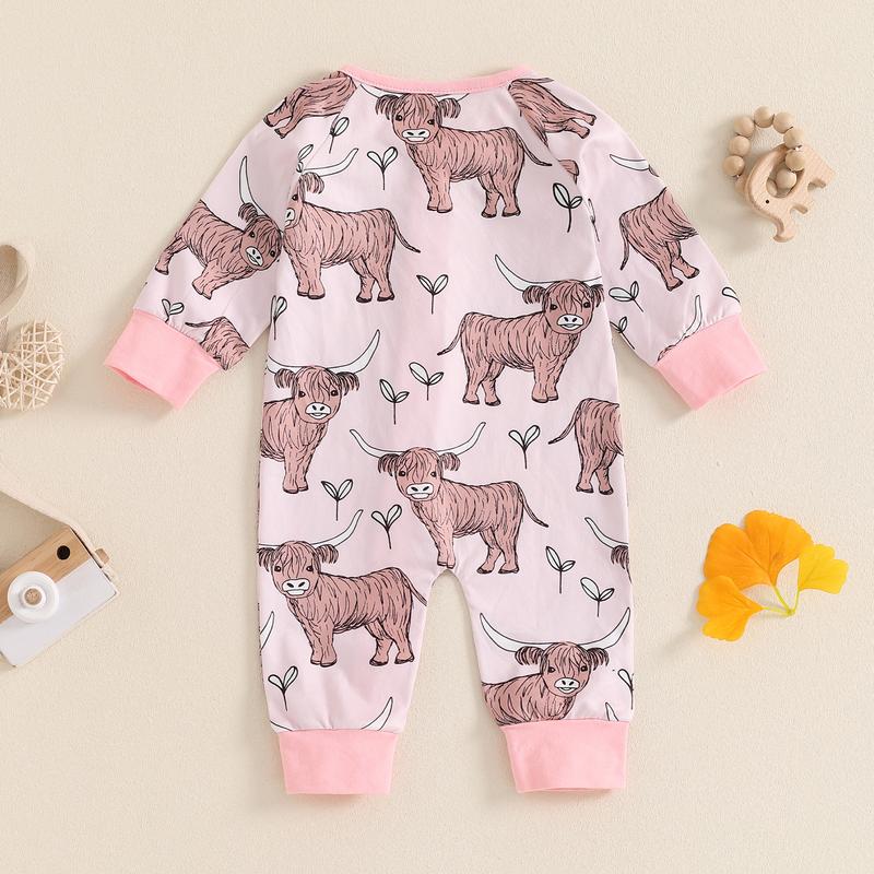 Country Baby Clothes Boy Girl Western Highland Cow Print Long Sleeve Romper Zipper  Jumpsuit Spring Fall Outfit 0-12M