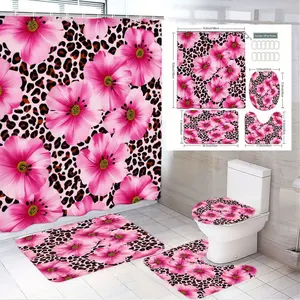 1/4pcs Bathroom Decor Set 4 Pieces Pink Floral Leopard Print Shower Curtain Sets + Toilet Seat Cover + 2 Bath Mats, Bold Pink Flowers & Black White Leopard Spots for Bathroom, Ideal for Girls Women Bedroom Living Room, Perfect as Spring Easter Mother's