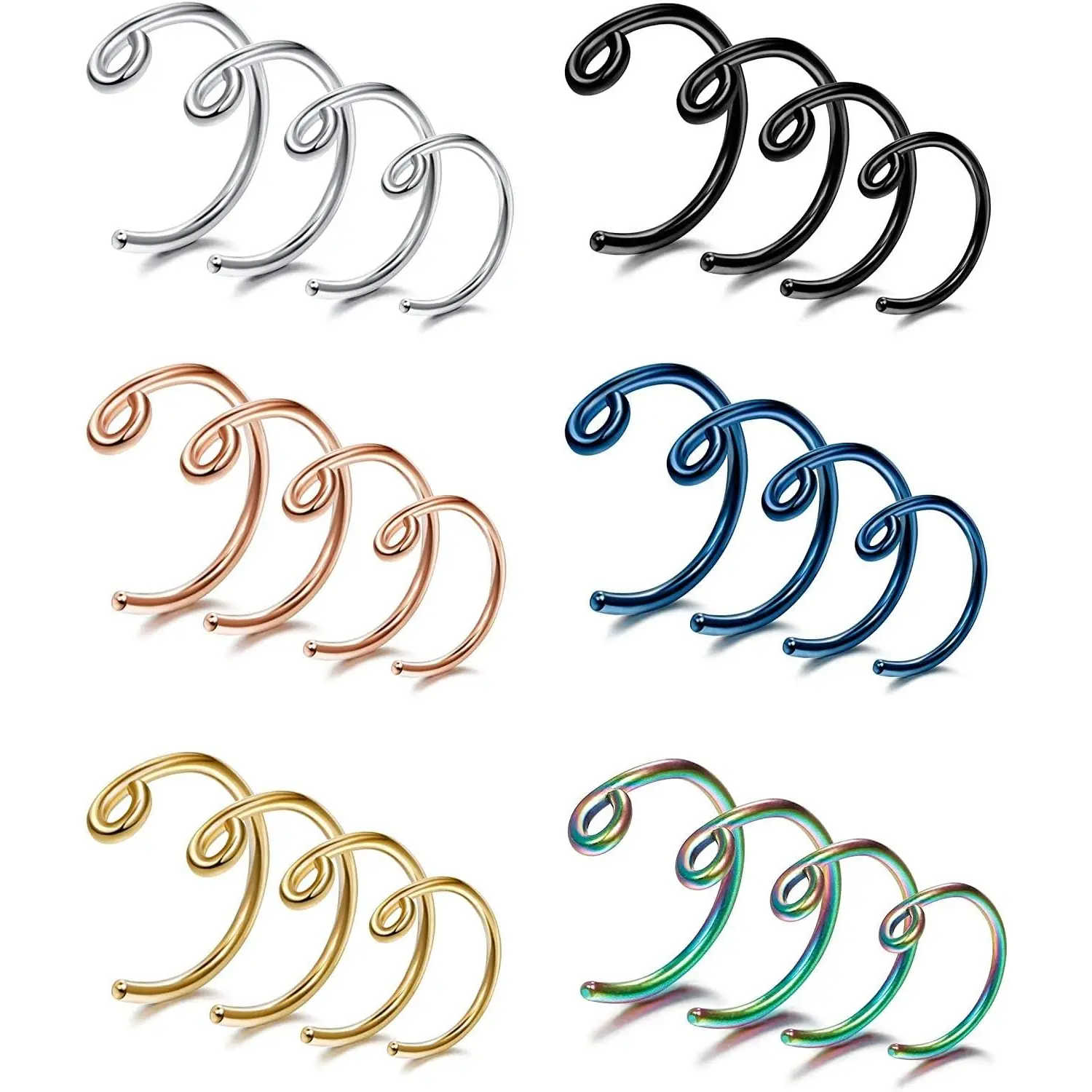 24 Pcs Stainless Steel 20G Nose Rings for Women Men Nose Ring Hoop for Faux Lip Septum Nose Ring Set 6-12mm