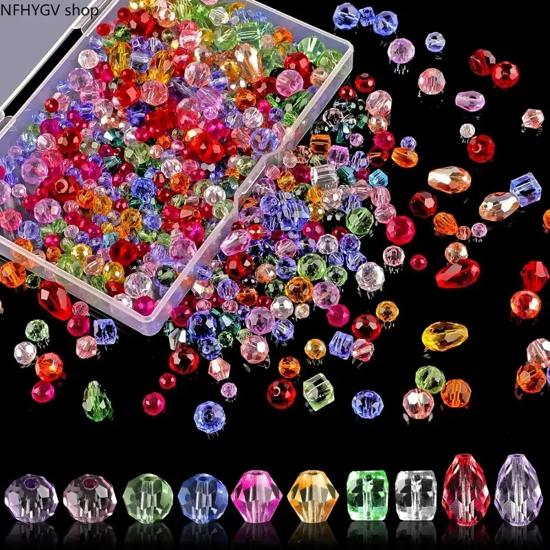 1000Pcs Mixed Color Square Rondelle Crystal Glass Beads, Multi Size 4/6/8mm Bulk Jewelry Making Parts With Storage Container Box, Glossy Transparent Diy Craft Accessories, Smooth Easy-Thread Bead Material, Suitable For Handmade Necklaces, Bracelets And Cu