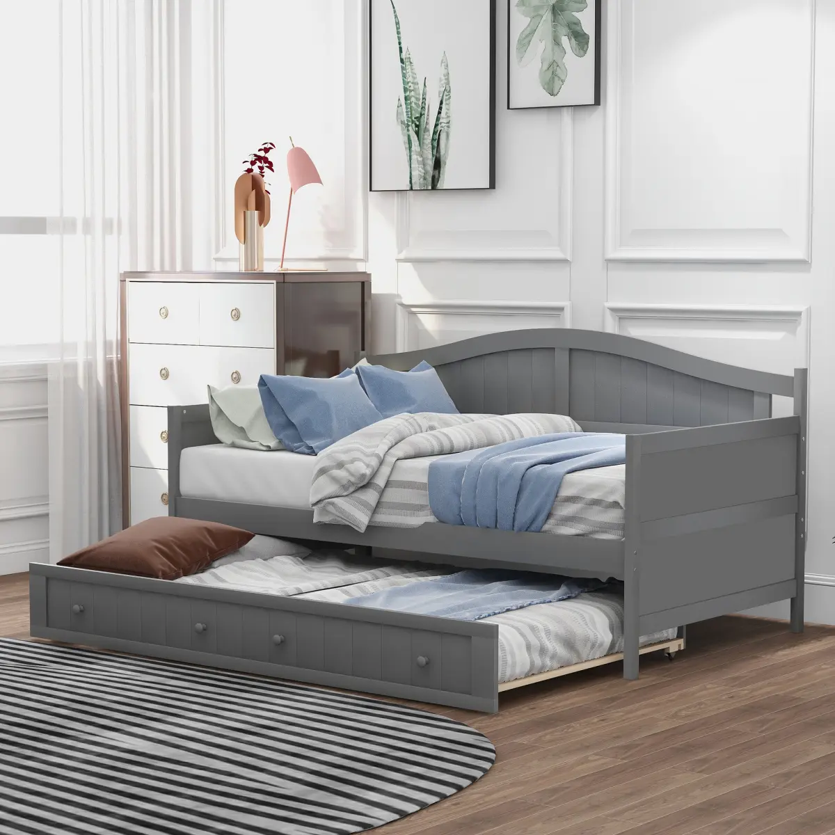 Twin Wooden Daybed with Trundle Bed, Sofa Bed for Bedroom Living Room,Gray(OLD SKU:WF192861AAE)