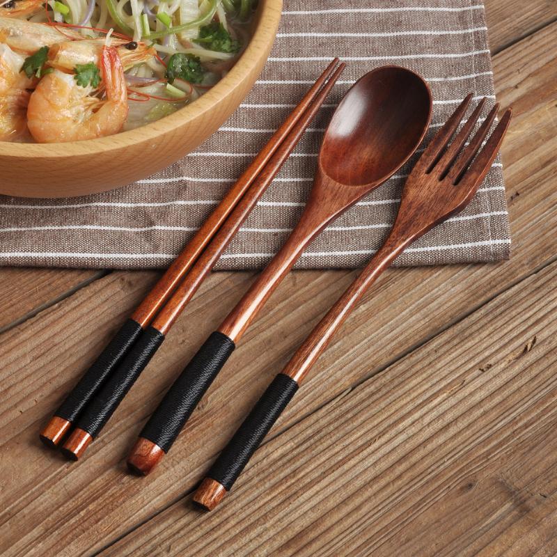 Wooden Tableware Set, 3 Counts/set Including Spoon, Chopsticks & Fork Set, Handmade Household Tableware, Kitchen Utensils, Dinnerware Service Set