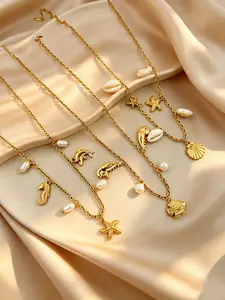 French Luxury Ocean Series Necklace, Multi-Pendant Shell Pearl Vacation Style Collarbone Chain, Versatile Unique Commute Accessory