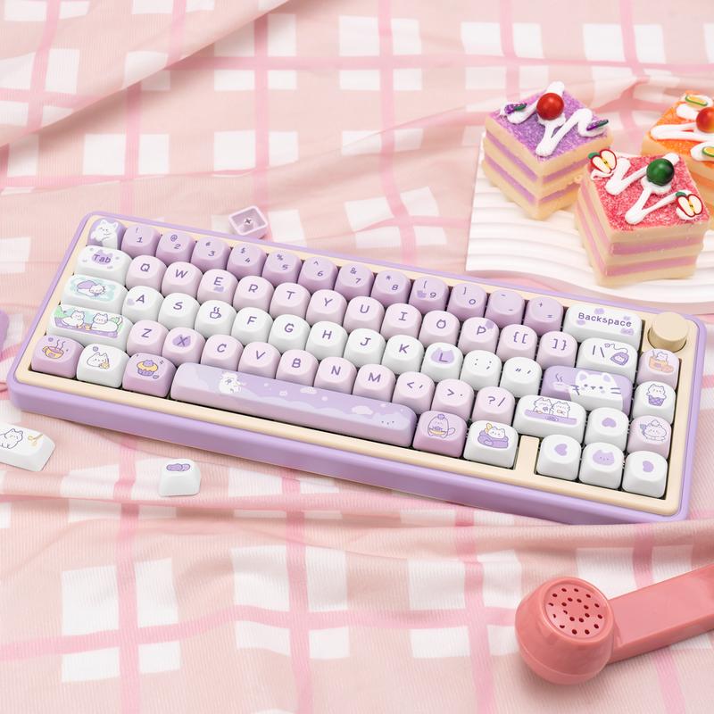 COOMICKEY PBT Keycaps MOA Profile 132 Keys Dye Sublimation Purple Cute Cat Customized Set for ANSI Cherry MX Switches Mechanical Keyboards with Keycap Puller