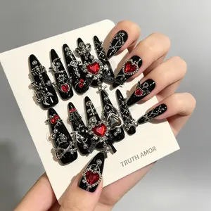 10PCS | TRUTH AMOR Hell Hotel • Mine-Style Y2K Hot Girl Sweet-Spicy Nails,Handcrafted Gothic Heart-Bow,Dark Night Glitter Pattern Nails, Sparkle Rhinestone Design,Ultra-Thin, Removable Press-On Nails,nail kit set，nail kit，my nail set，Bedazzled kit