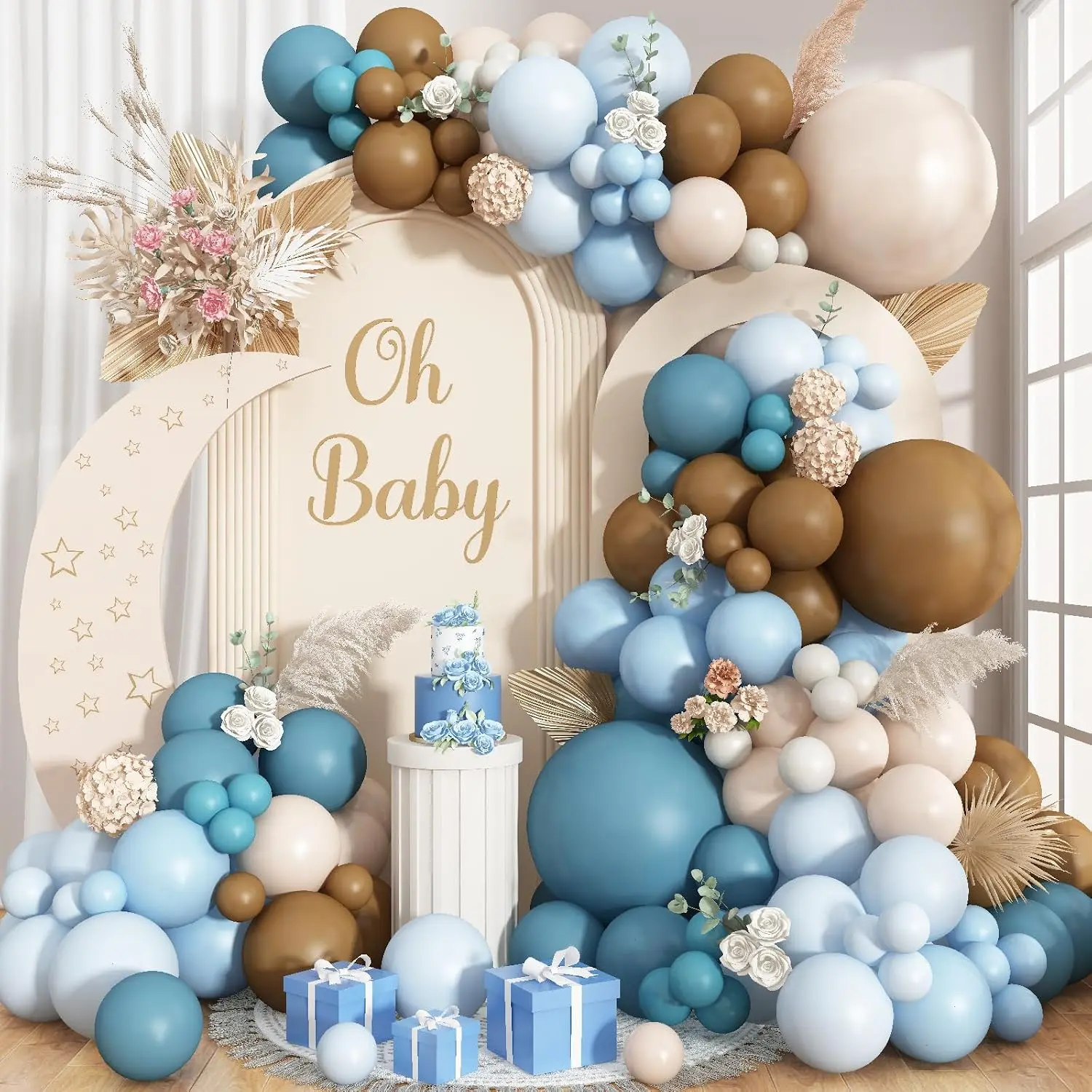 Double Stuffed Dusty Blue Brown Balloon Arch Kit, Neutral Balloon Garland Pastel  Blue Dark Brown White Sand Beige Tan Latex Balloons for Boys  Shower Teddy  Birthday Party Decorations