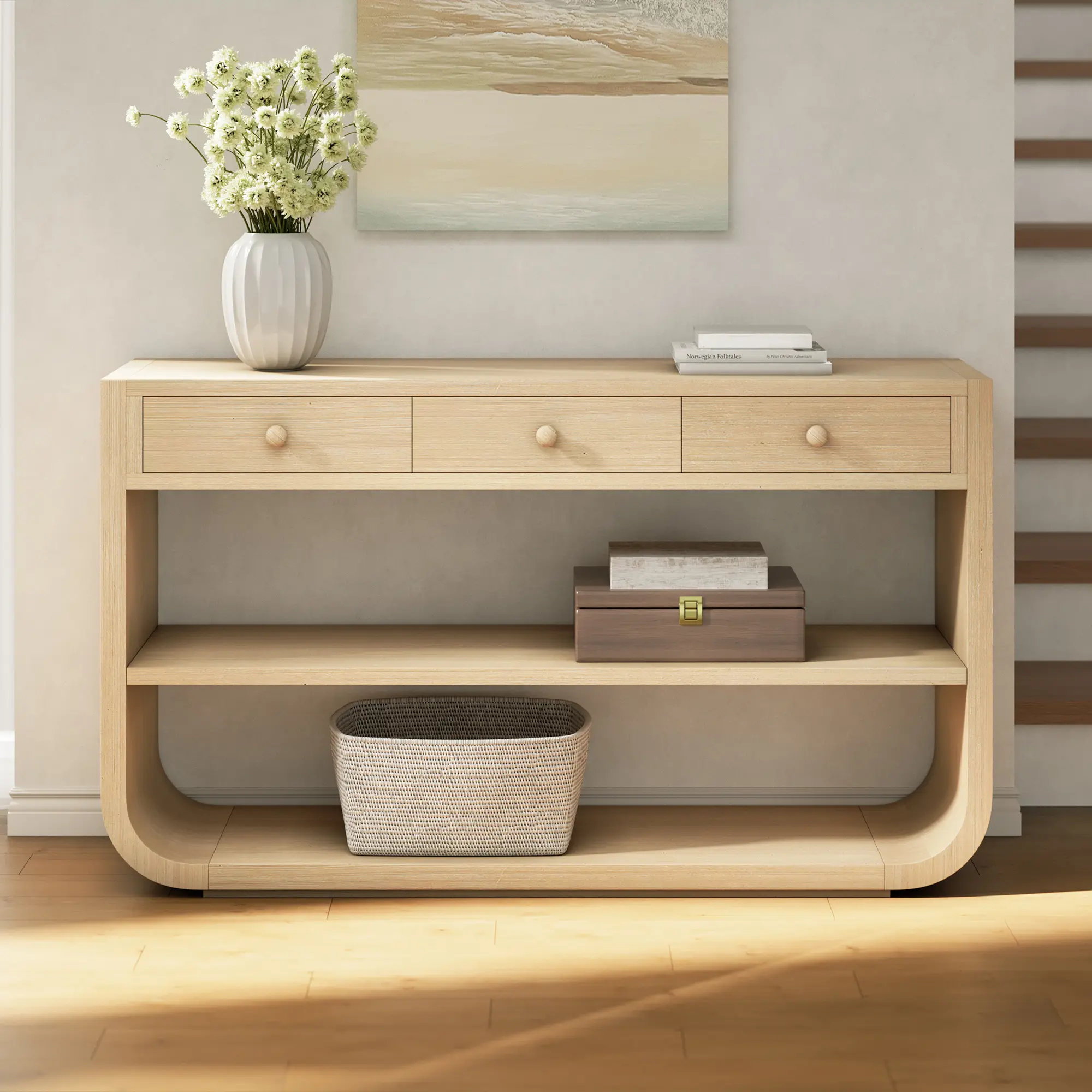 55" Modern Curved Console Table with 3 Soft-Close Drawers and 2 Open Shelves, Natural, YATU Living
