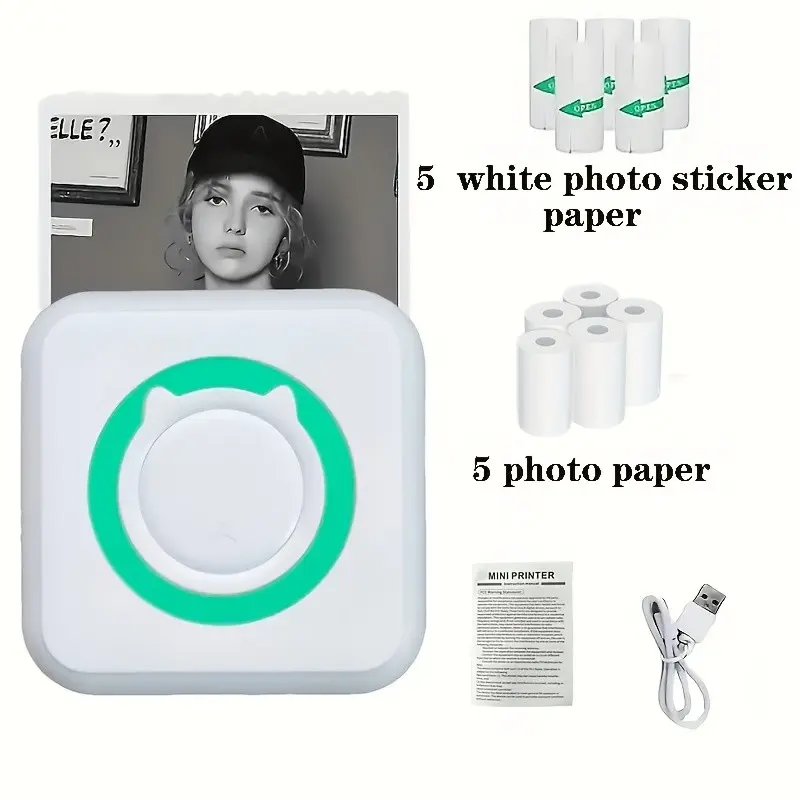 Portable Smart Mini Multi-Function Printer, Bluetooth-compatible Connection, Thermal Printing, Wireless Thermal Printer, Includes 5 Rolls of Thermal Paper and 5 Rolls of Adhesive Labels