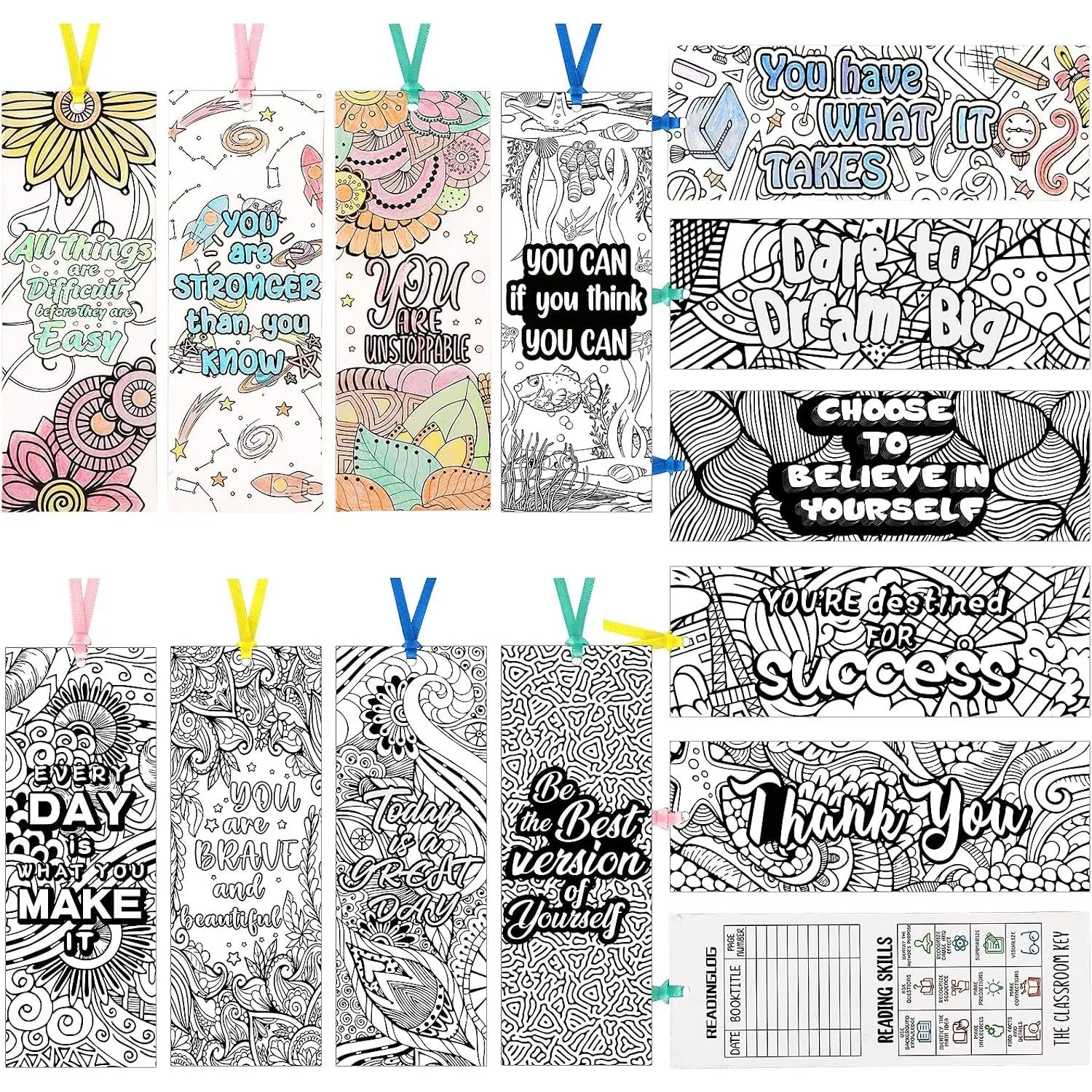130 count Inspirational Bookmarks for , DIY Coloring Bookmarks Double-Sided Motivational Page Markers Clips for  Students Teachers Reading Book Lovers Supplies Party Favors