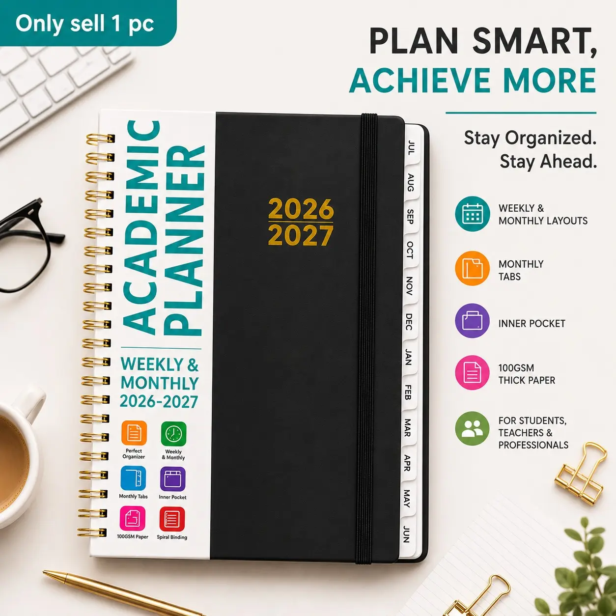 1 PC Academic Planner 2027, 2026-2027, Weekly & Monthly Hardcover Spiral Planner, A5 Calendar Notebook with Monthly Tabs, Elastic Band, for Students, Teachers, Office and  Daily Planning