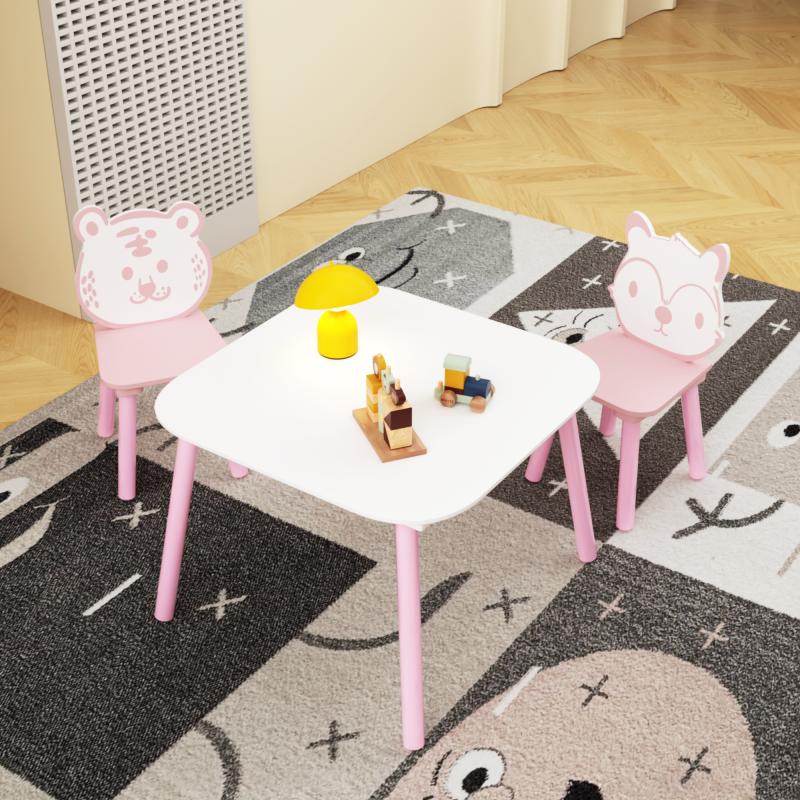 Kids Table and Chair Set, 3-Piece Wooden Toddler Desk with Animal Backrest, Activity Table for Drawing, Learning,Playroom or Nursery(Pink&White)