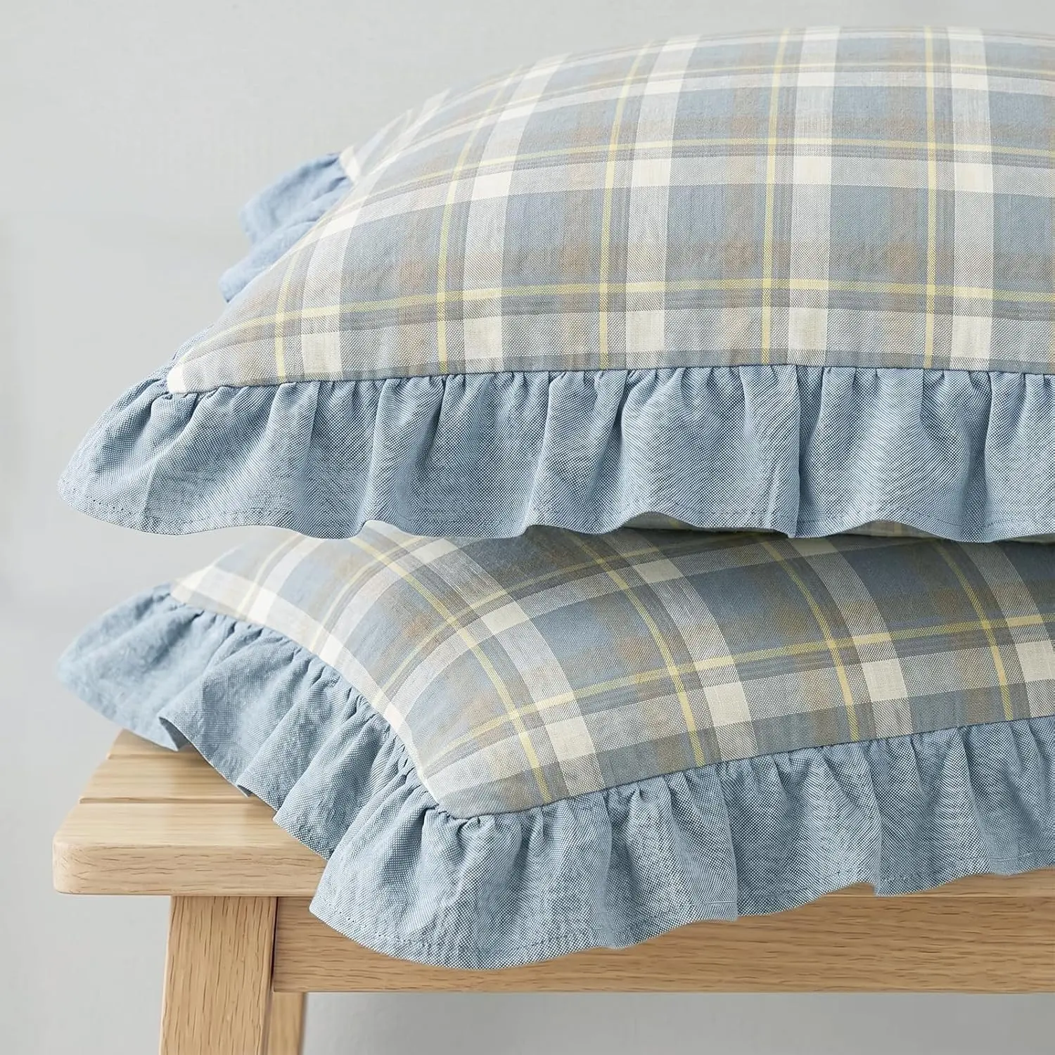 2 Pack Gingham  Pillow Cases Luxury 600 TC  Washed  Ruffled Elegant Blue  Pillow Covers 20x36 inch with  Zipper for Bed   Decor