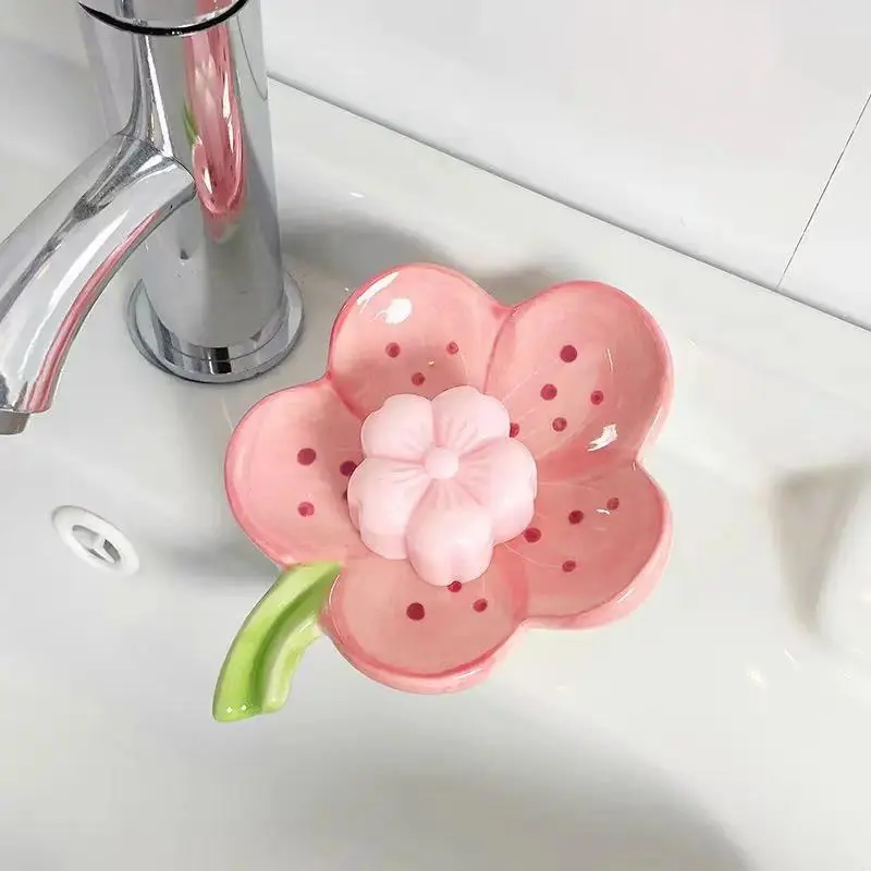 Light Luxury Ceramic Soap Dish Drain Box, No-Punching Household Bathroom Shelf, Flower-Compatible, 5cm Height, 14x10cm Dimensions, Height 5Cm, Length 14Cm