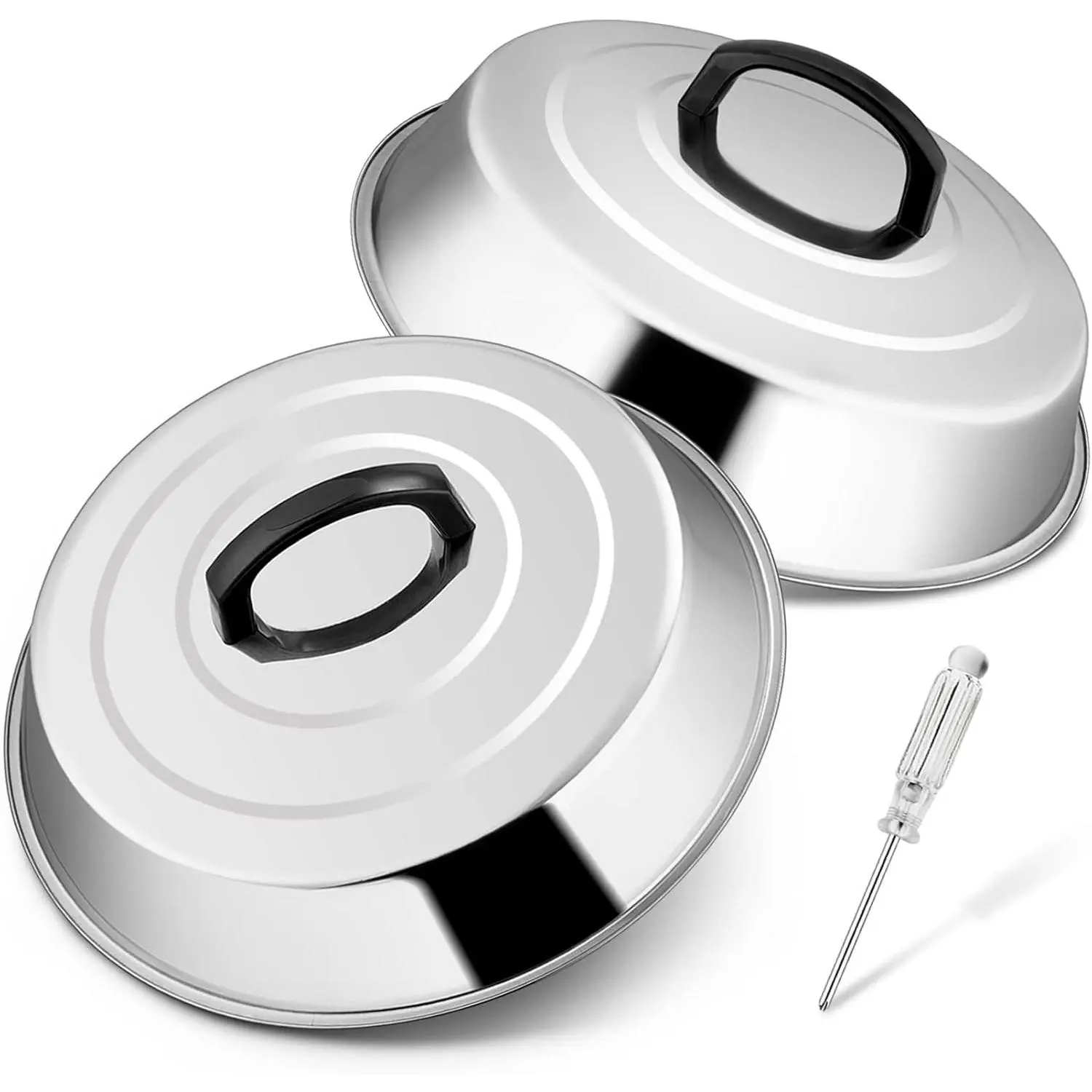 12 Inch Cheese Melting Dome Set of 2, Basting Cover for Griddle Grilling Outdoor Camping/Flat Top Teppanyaki, Stainless Steel Lids with Heat-Proof Handle, Dishwasher Safe (No Thermometer)