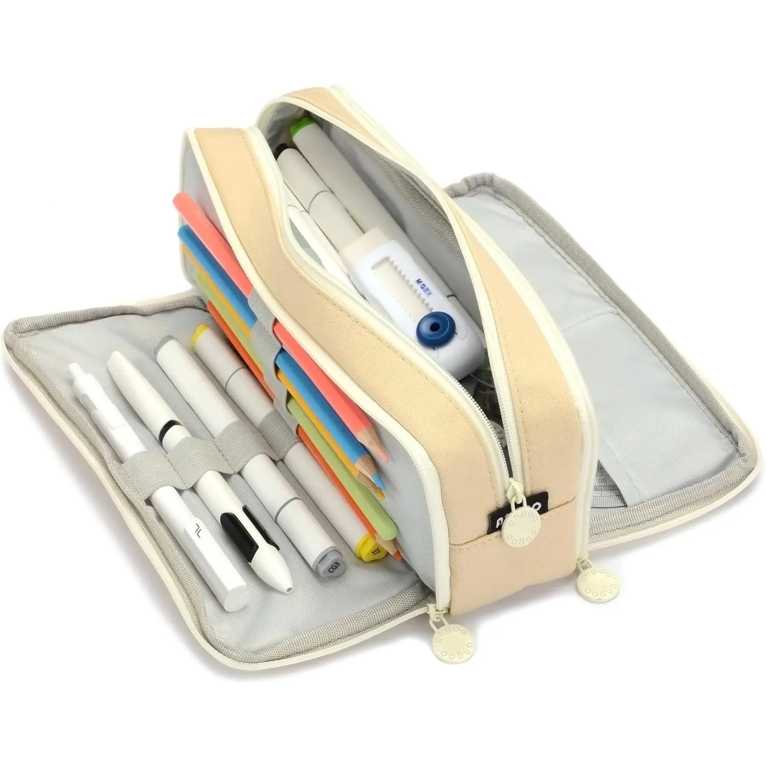 Large Capacity Special Aesthetic Pencil Case Organizer with 3 Compartments, Big Preppy School Pencil Pouch Bag for Girls Women Adults, Pencil Holder Pen Pouch Cases (Khaki)