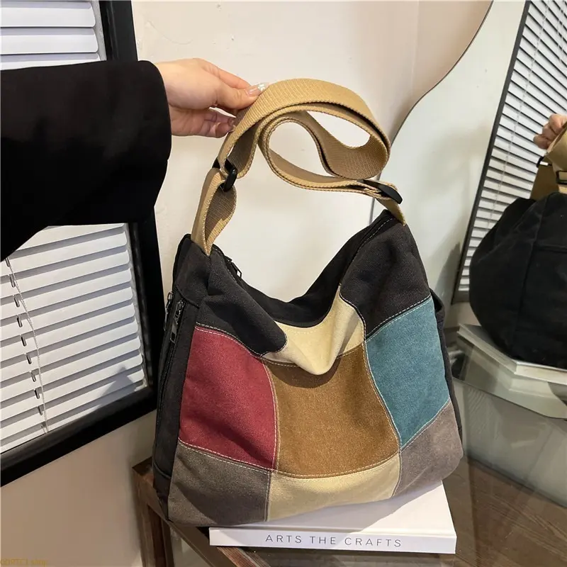 2026 Spring Trend Color-Block Plaid Canvas Tote: Oversized Crossbody Shoulder Bag with Pockets, Chic Large Capacity Tote for Women