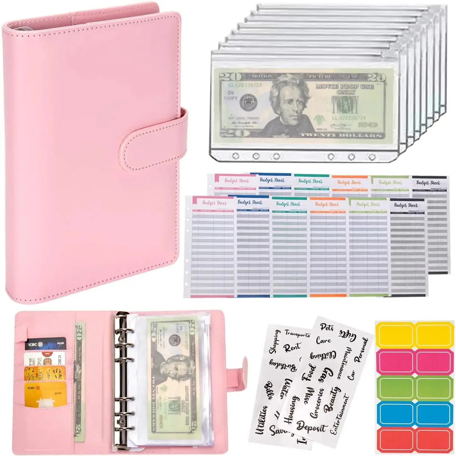 A6 Size Budget Binder with Secure Zipper Envelopes, Savings Tracker Organizer, Office Stationery for Finance Tracking (Pink & Purple)