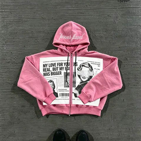 Men's Fall & Winter Zipper Hooded Sweatshirt, Retro Newspaper Portrait Print, Ideal for Campus & Daily Wear, Pink Outerwear, Casual Streetwear, Casual Graphic Streetwear