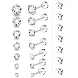 7 Pairs Flat Back Stud Earrings Set, Surgical Steel 14K  Cartilage & Stack Earrings for Ears, Multiple Piercing, CZ Studs