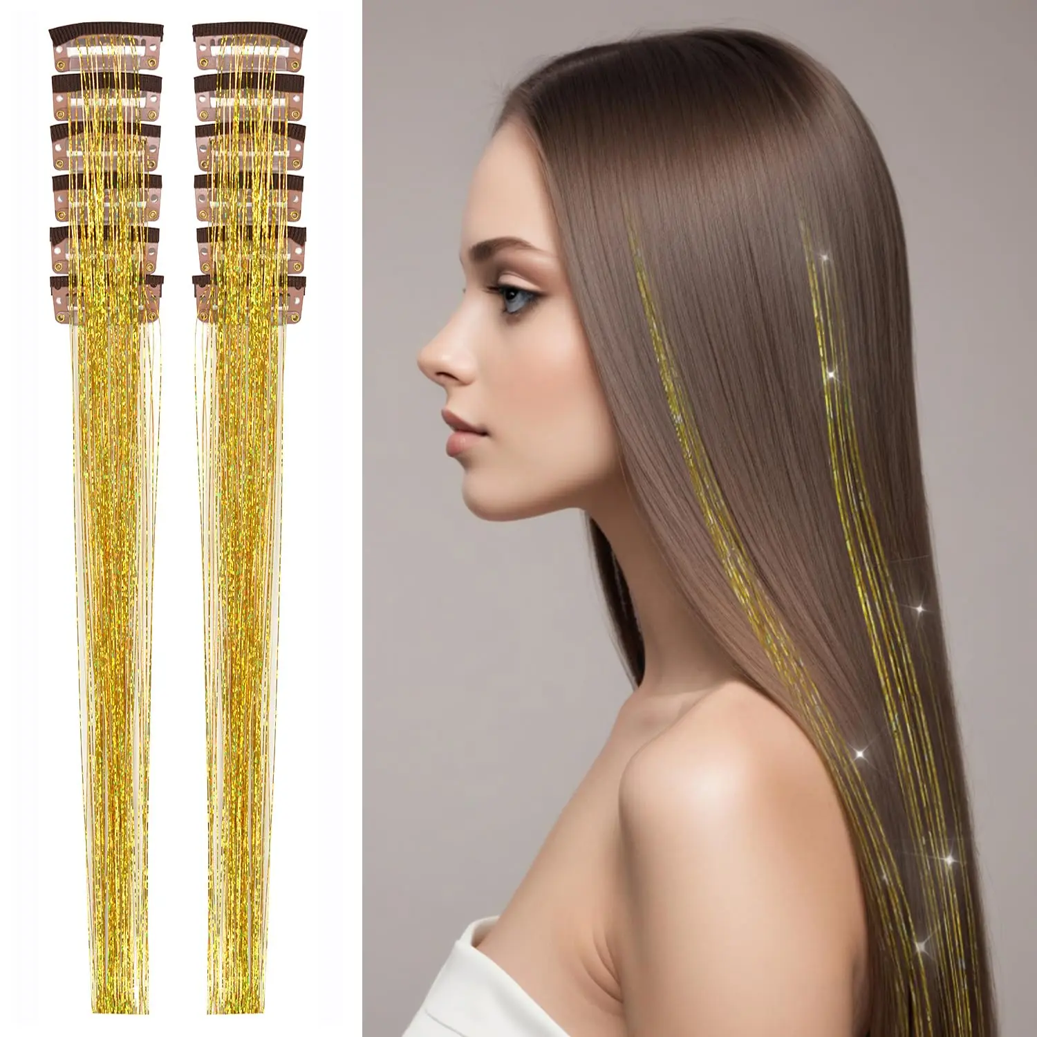 12 count  Glitter Hair Tinsel Clip in Extensions 20.5 Inch Shimmer Fairy Hair Accessories ()