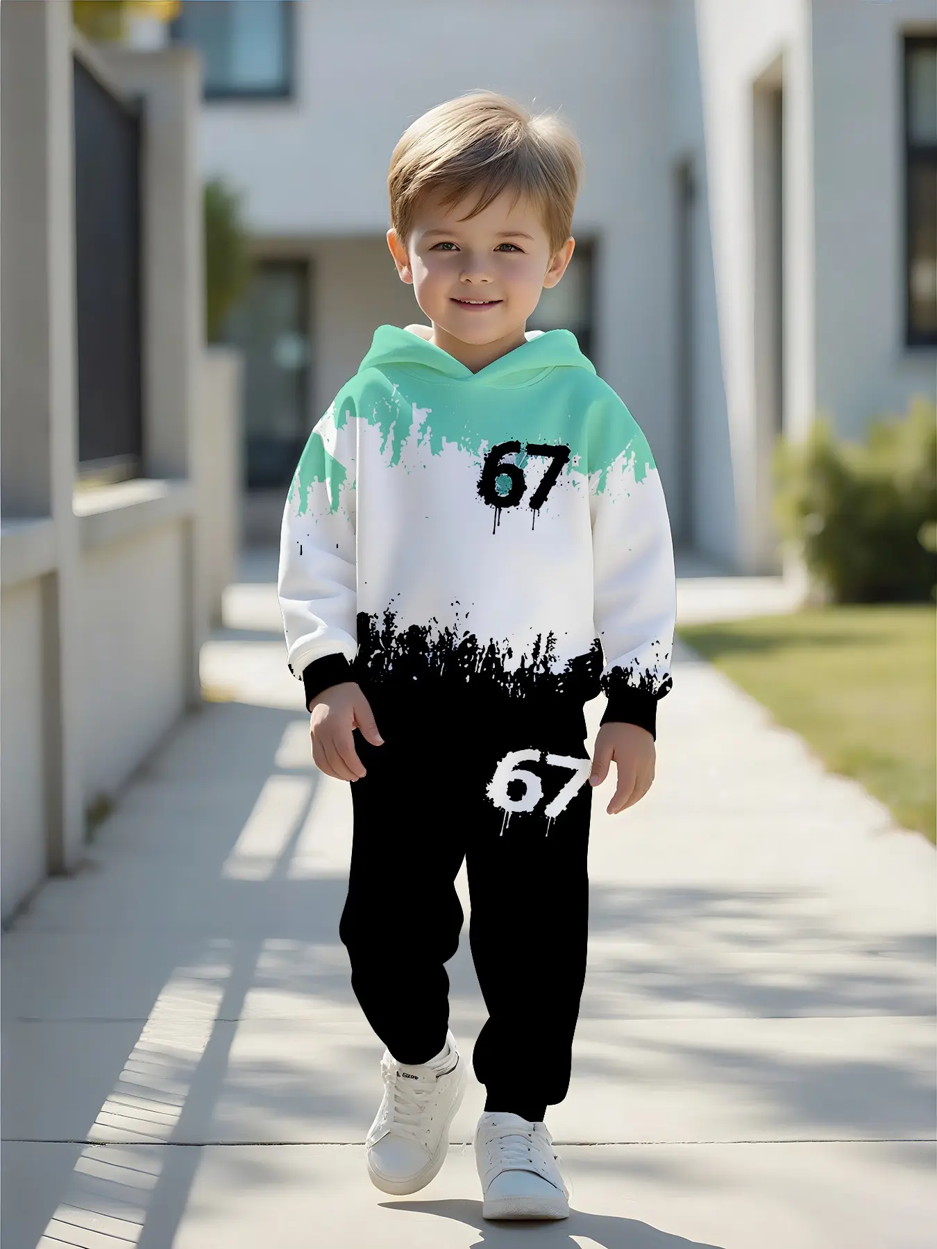 Mint Splatter Number 67 Cool Kids Hoodie Set, Colorblock Boys' Cuffed Sweatpants Two-Piece Set, Trendy