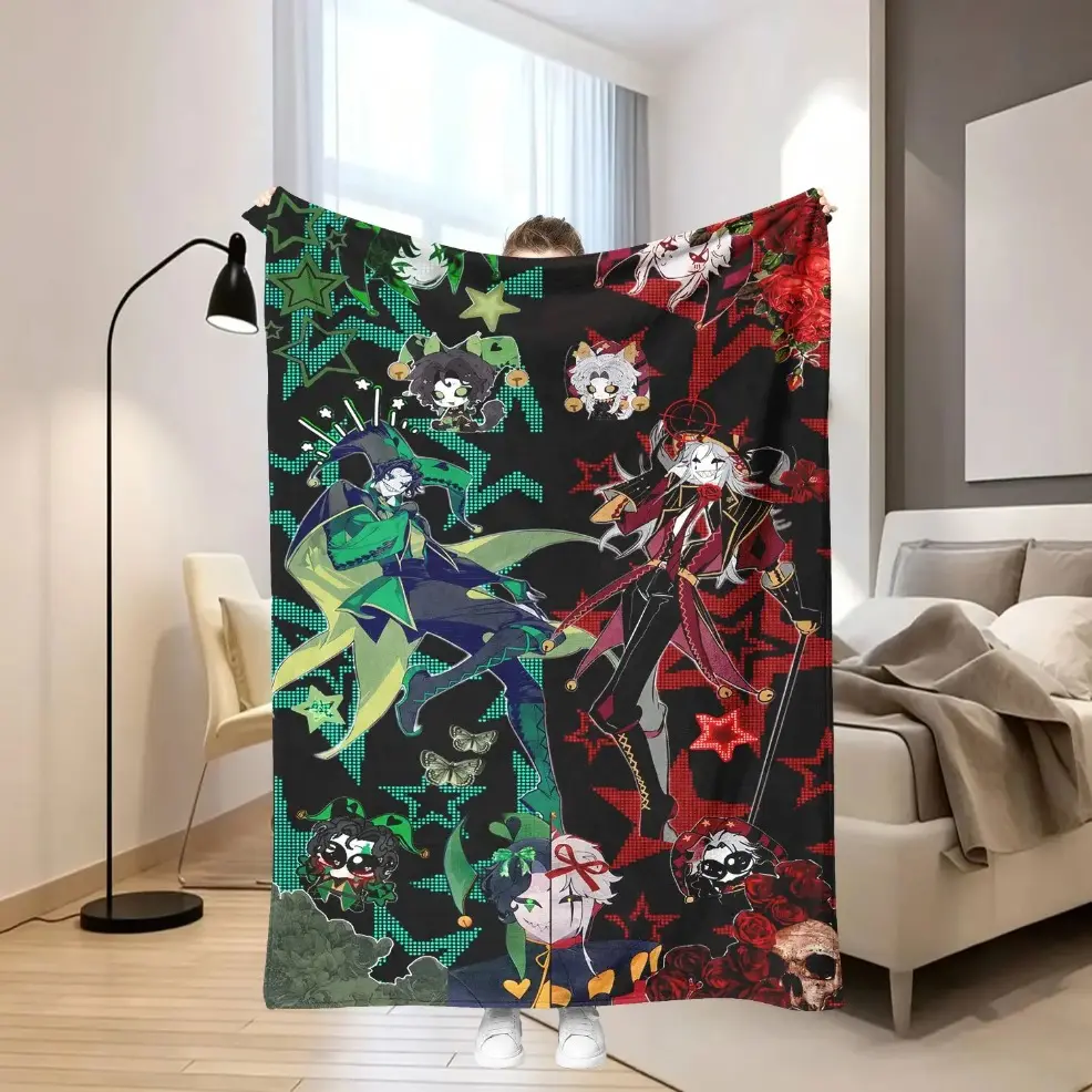 1pc Red And Green Dual-Tone The Freak Circus Clown Pierrot And Harlequin Dual Element Illustration Flannel Blanket, Warm Nap Throw for Adults & Baby, Bedroom Living Room Sofa Decor, Office Air Conditioning Blanket, Portable Travel Leg Cover, Ideal Holiday