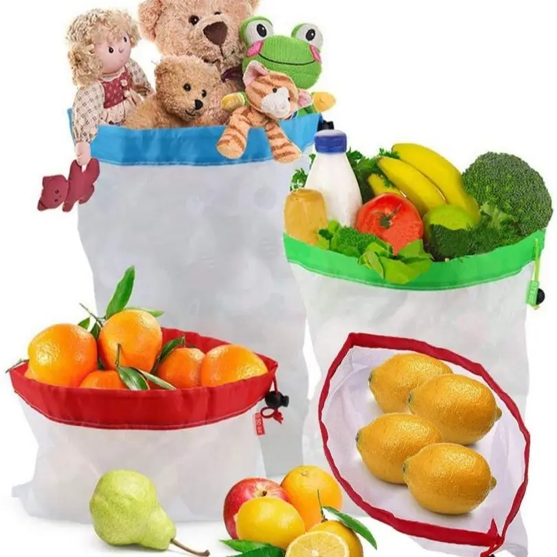 Reusable Fruit and Vegetable Bags - 9-Piece Set of Mesh Fruit and Vegetable Bags, Drawstring Closure, 3 Sizes, Washable, Transparent, Eco-Friendly Storage Bags