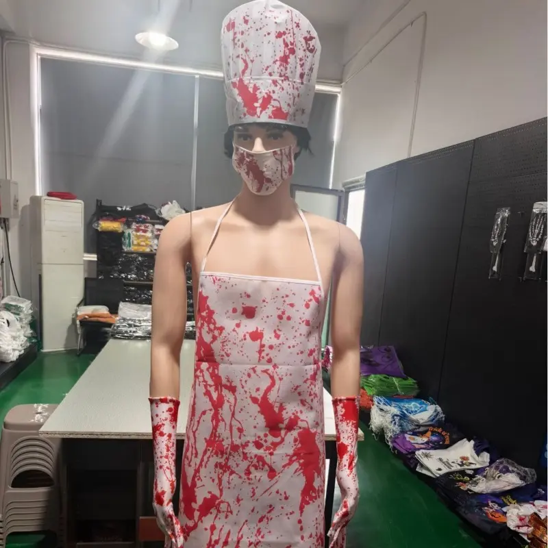 Halloween Set with Red Bloodstain Apron, Handprint Gloves and Socks, Luminous Skeleton Bib Decorations for Festival Parties
