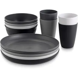 Anbte Plastic Camping Plates and Bowls Set, 12pcs Unbreakable Camping Dinner Set for 4, Reusable, Microwave & Dishwasher Safe Dinner Set, for Kitchen Outdoor Travel Picnic