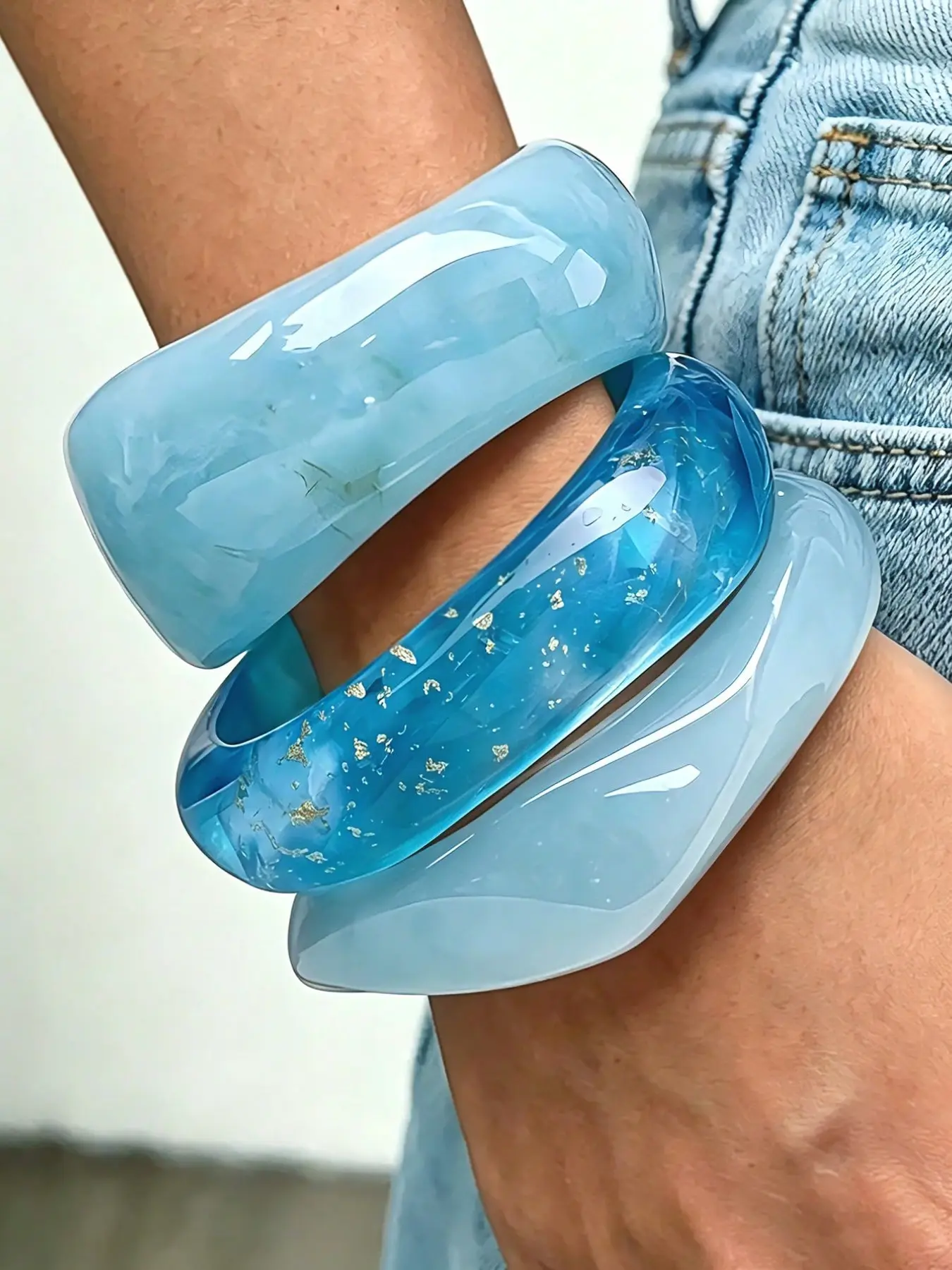Elegant Minimalist Blue Resin Cuff Bangle Set for Women, Boho Style, Perfect for Daily Wear, Parties, Weddings, Gift Idea