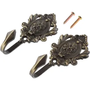2Pcs Curtain Tiebacks Hook Vintage Bronze Rose Pattern Carved Wall Hooks Key Hook Clothes Hanger Bathroom Bedroom Multi-Function Decorative Hook with Screws