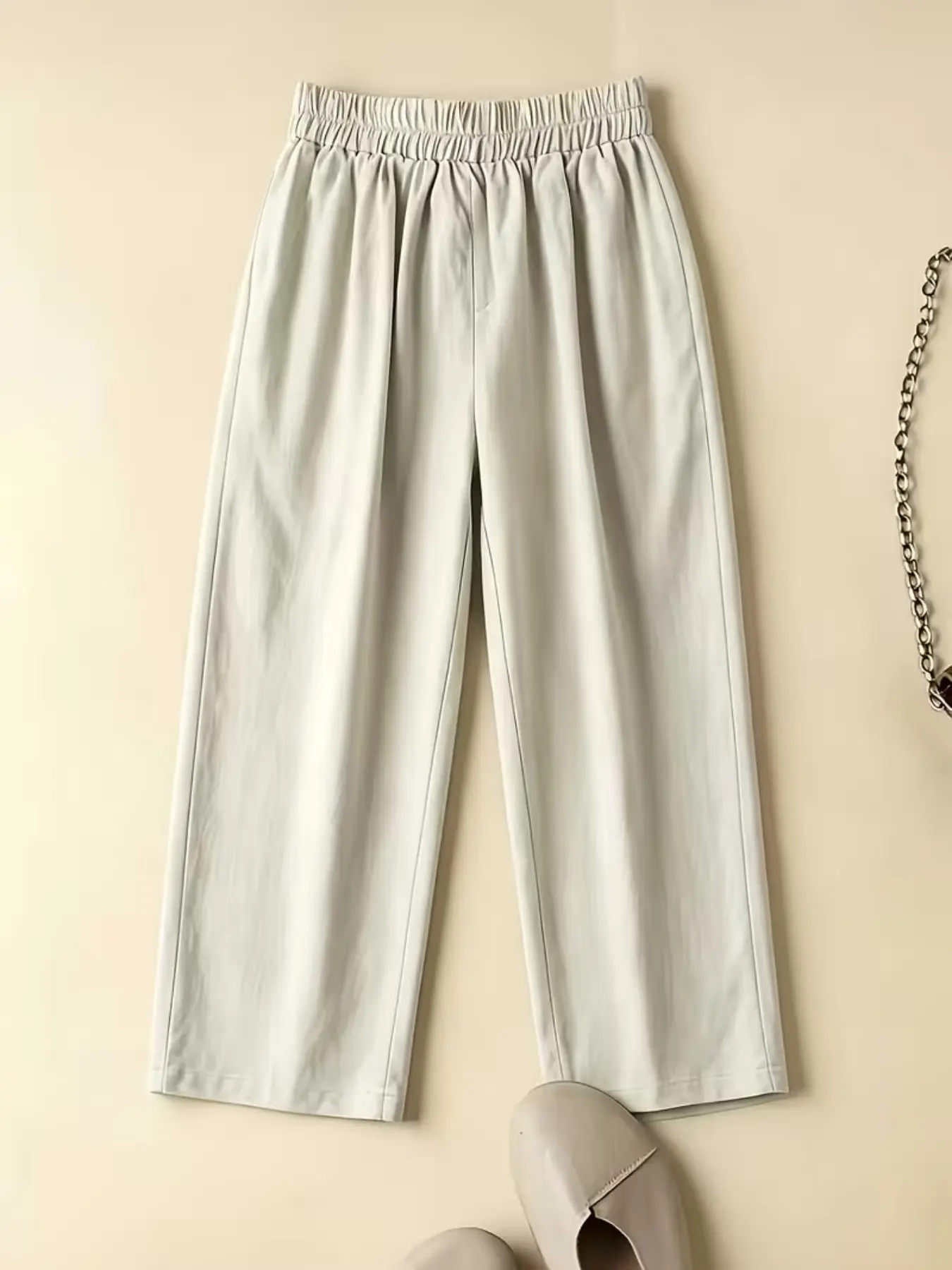 2026 New Simple Light Elastic Waist Nine-Foot Straight Leg Wide Leg Pants, Lightweight Breathable Smooth Loose Fit, Casual Daily Wear