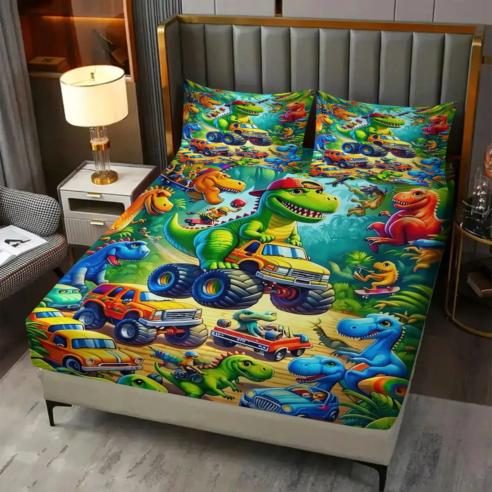 Cartoon Dinosaur Truck Pattern Fitted Sheet Set, 3Pcs Colorful Bedding Set, All-Round Deep Pocket Fitted Sheet with 2 Matching Pillowcases, Fun Dino Car Adventure Themed Bed Linens for Boys Bedroom Decor