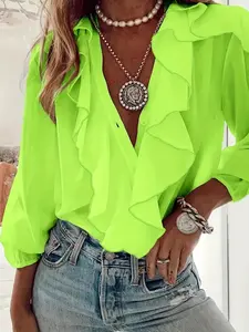 Ready-To-Wear 2026 European and American Women's Clothing, V-Neck Long Sleeve Ruffle Blouse, Stylish and Comfortable Design
