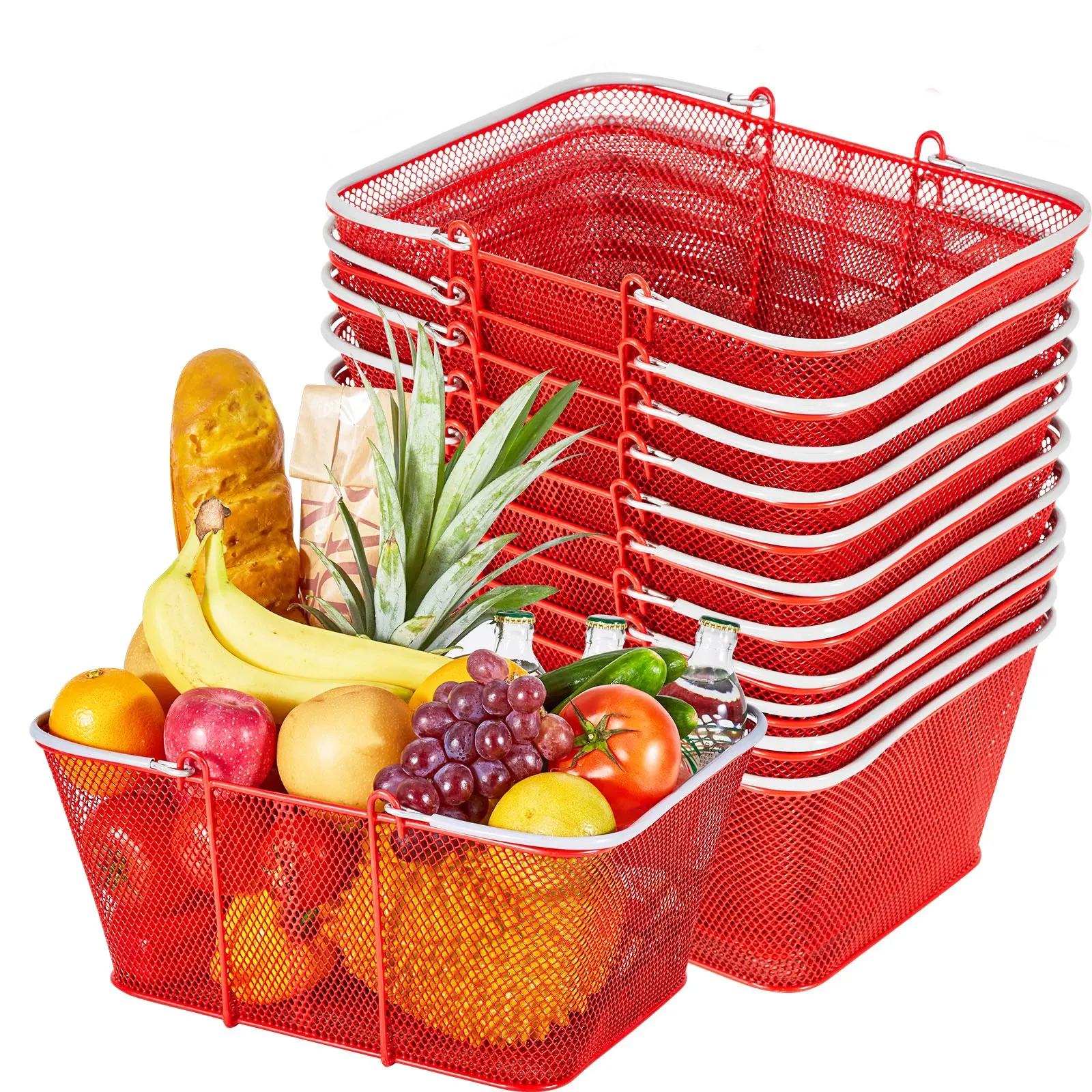 【DealsForYouDays】VEVOR Shopping Baskets, 12 PCS, 22L Stackable Metal Grocery Baskets with Handles, Dense Mesh Structure, Holds up to 44 lbs, Portable for Grocery, Retail, Stores, Supermarket, Bookstore, Home Use, Red