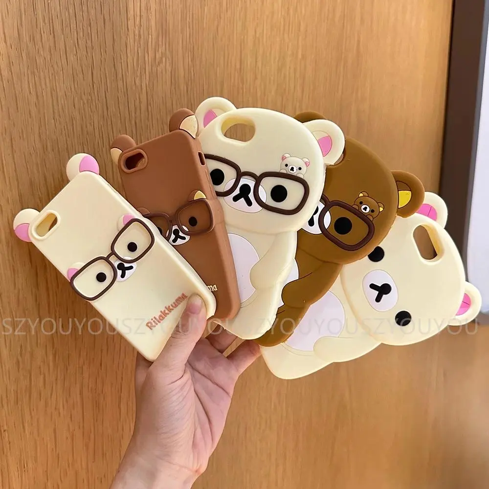 For iPhone 16 Pro Max 15 Plus 14 Pro 13 12 11 7 8 Plus 6S 4S 5 5S SE Kawaii Glasses Rilakkuma 3D Cartoon Silicon Soft Phone Case