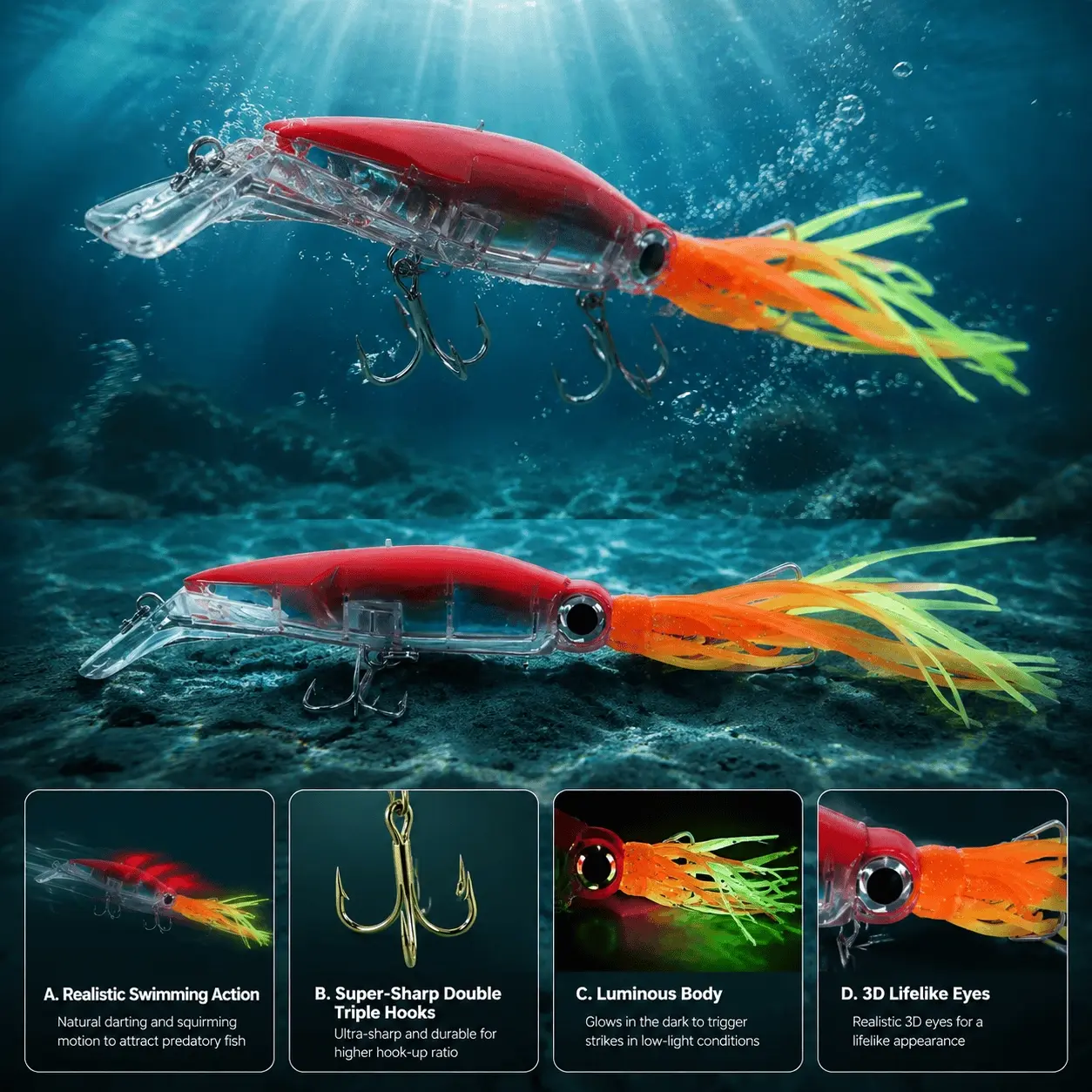 Simulated Squid Octopus Hard Lure Set with Treble Hooks High Toughness Saltwater Fishing Bait for Bass Trout Tuna Perch Multi Colors Available Professional Fishing Tackle Combo