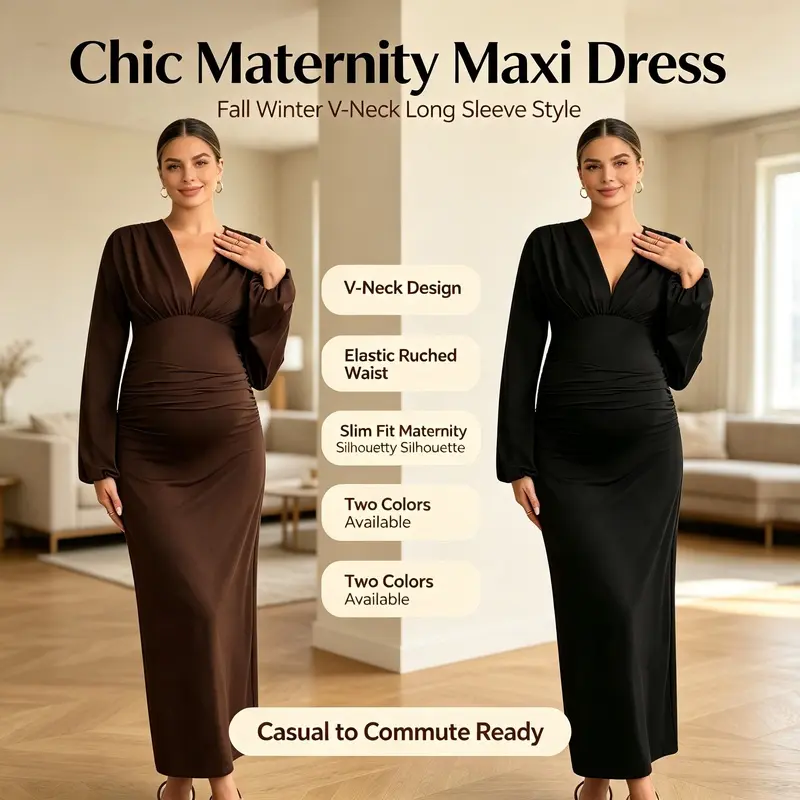 Women Maternity Maxi Dress, V‑Neck Long Sleeve Ruched Bodycon Pregnancy Dress, Stretchy Solid Color Commuter Long Maternity Dress for Fall Winter