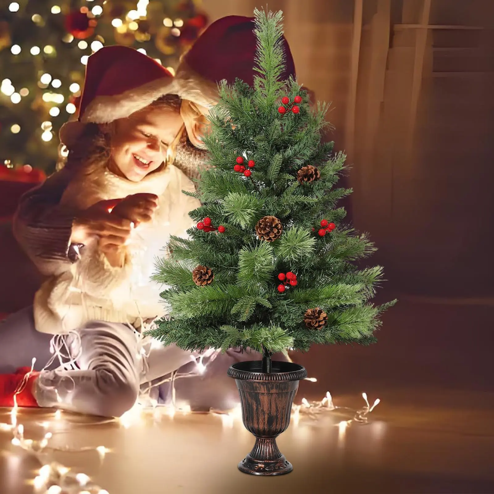 3ft Pre-Lit Artificial Mini Christmas Tree - Tabletop Xmas Tree with 70 Warm LED Lights, Pine Cones, Red Berries - Indoor/Outdoor Holiday Party Home Festive Decoration - Green