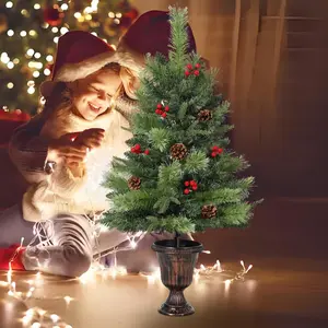 3ft Pre-Lit Artificial Mini Christmas Tree - Tabletop Xmas Tree with 70 Warm LED Lights, Pine Cones, Red Berries - Indoor/Outdoor Holiday Party Home Festive Decoration - Green