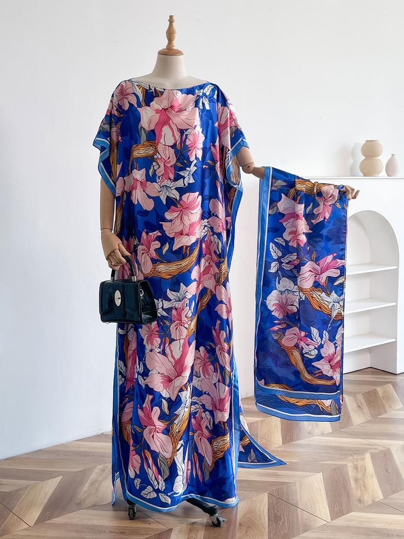Women's Floral Print Long Dress & Scarf Set, Boho Casual Shawl Dress & Scarf Set for Beach Vacation Holiday, Ladies Clothes for All Seasons