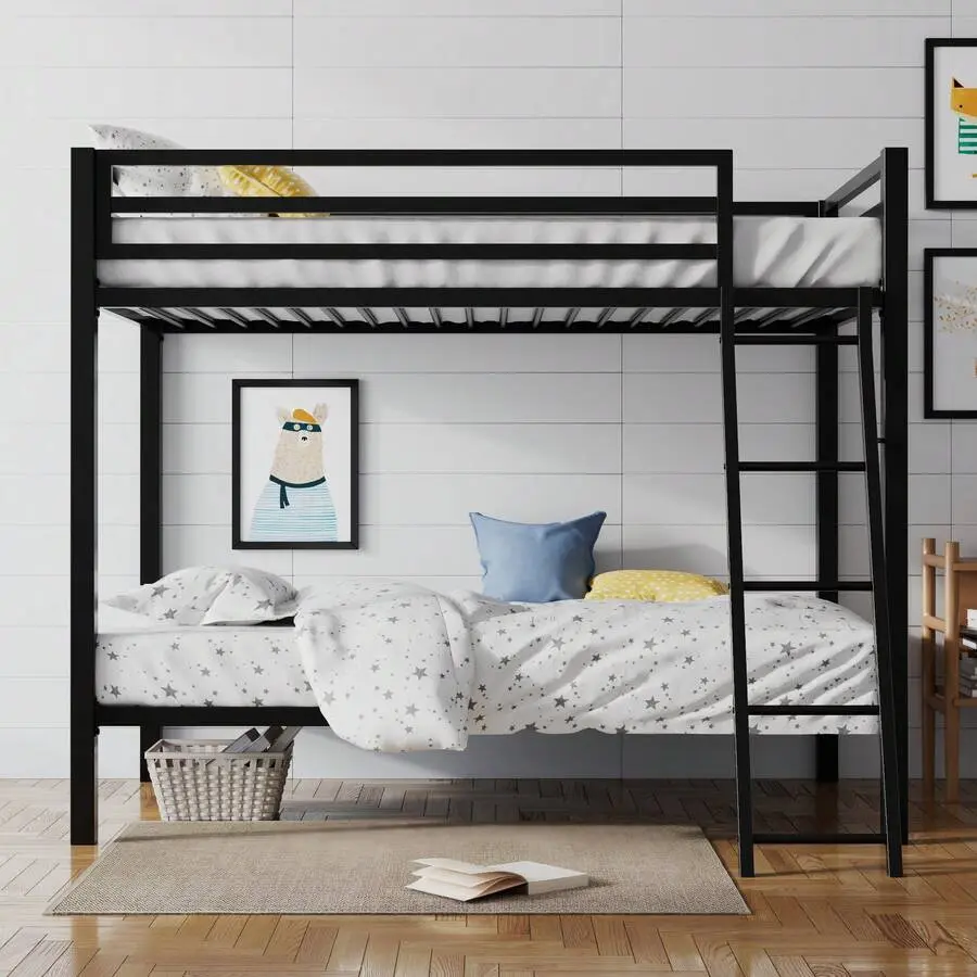 Twin Over Twin Size Bunk Bed With Ladder And Guardrail, Heavy Duty Metal Slats Support, No Box Needed, Small Space Saving Furniture Bedroom Dorm, Black