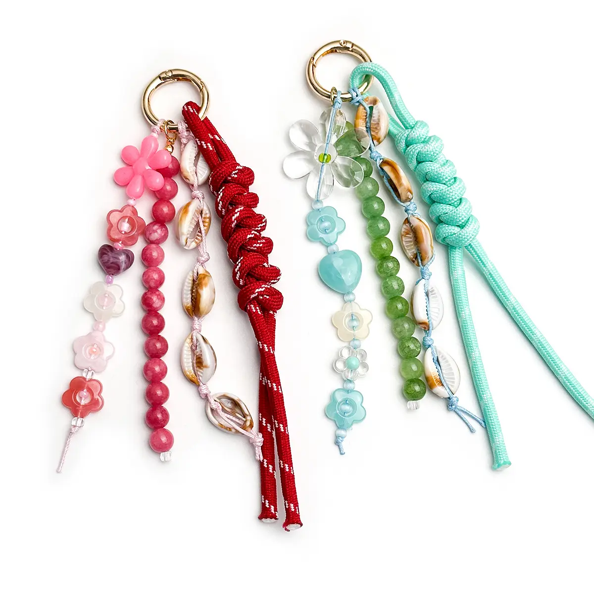Boho Cowrie Shell Paracord Bag Charm Cute Acrylic Flower Beaded Keychain Summer Beach Macrame Pendant for Backpack Handbag Decoration
