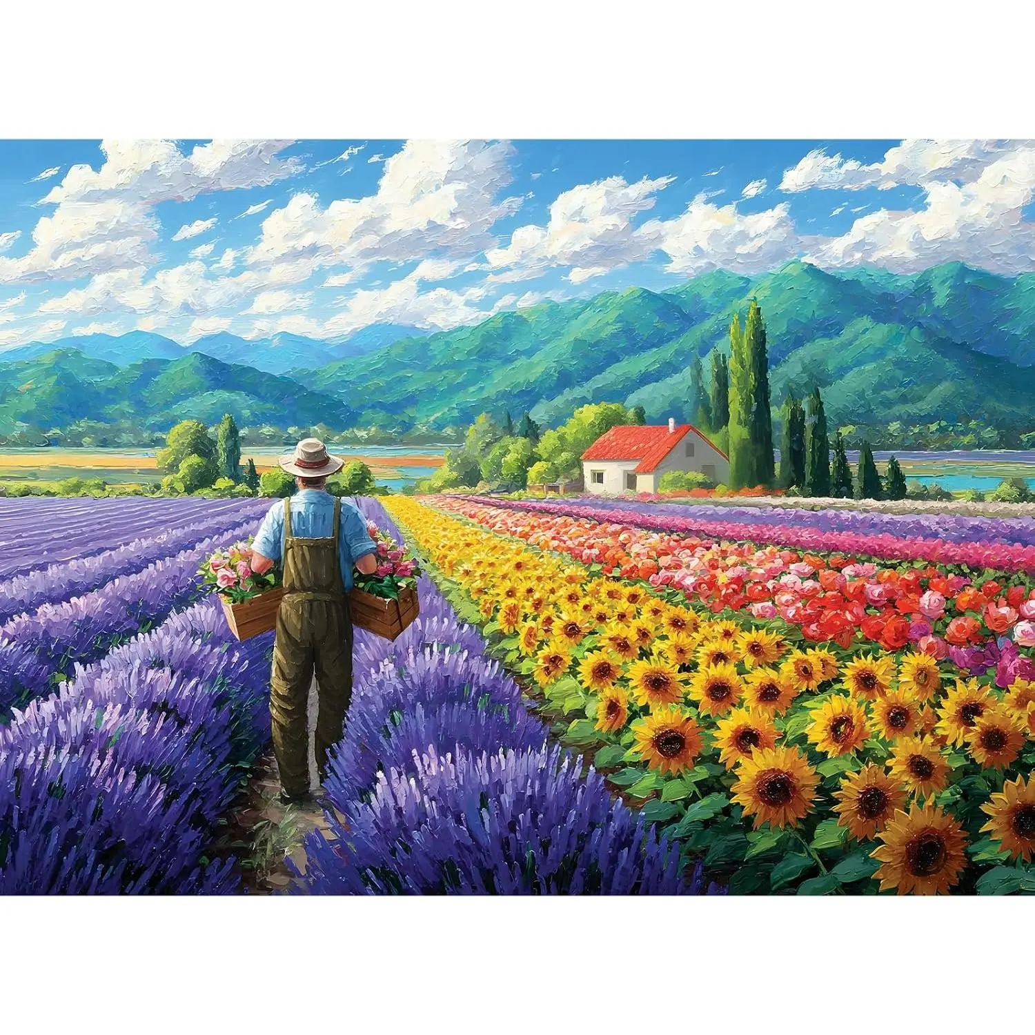 Flower Field 300 Piece Jigsaw Puzzle for Adults, Family Time | Lush and vibrant countryside flower field design, puzzle for family time, home wall decor, and great gift for seniors