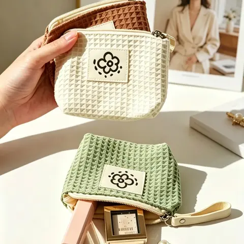 Cute Sunflower Weave Mini Zipper Pouch, Floral Patch Small Cosmetic Bag, Makeup Bags, Portable Coin Purse for Lipstick, Cards & Keys, Soft Cotton Travel Organizer, Travel Essentials Makeup Pouch