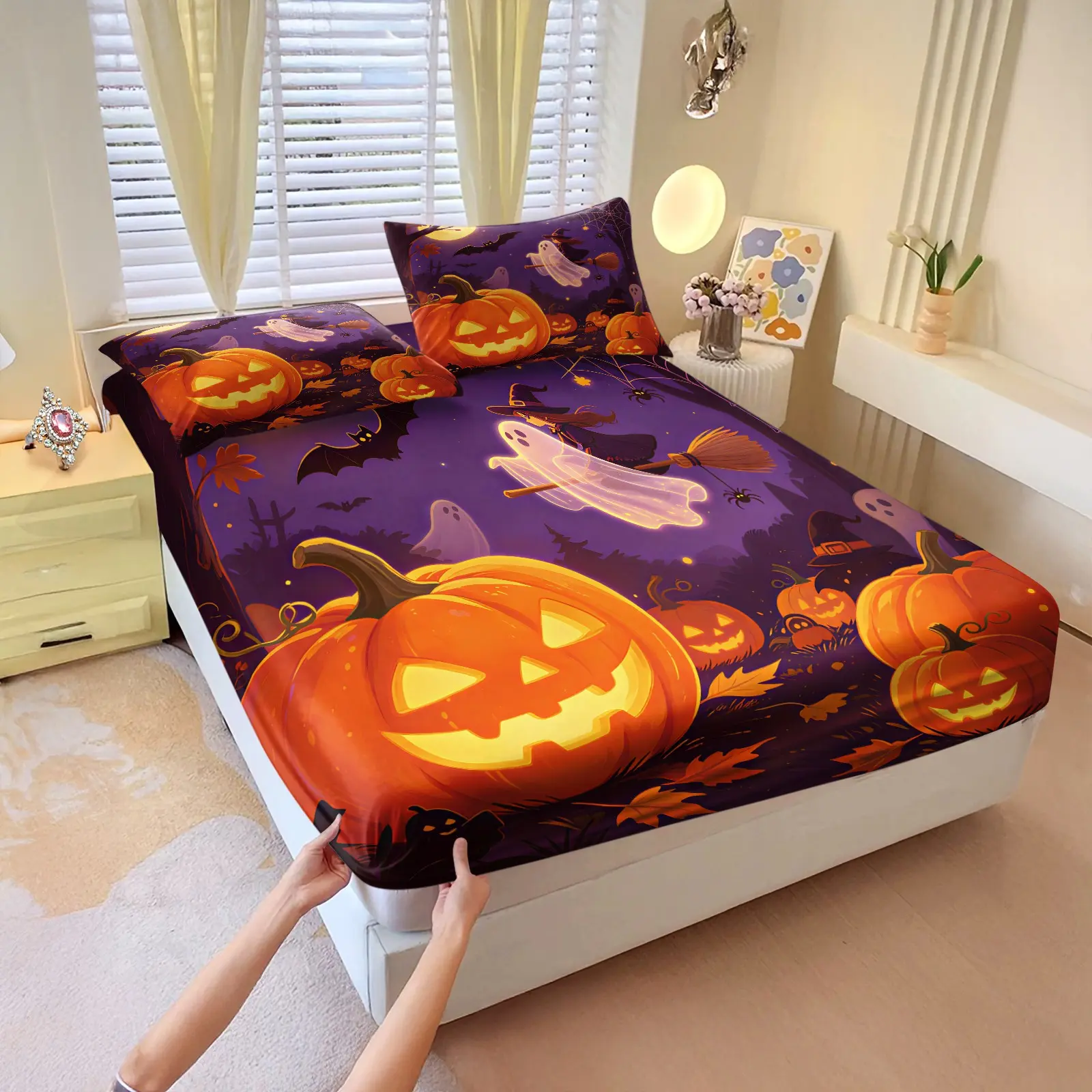3Pcs Purple Night Witch Ghost Pumpkin Bat HD Digital Print Fitted Sheet Set, Washable Hypoallergenic Deep Pocket Mattress Cover For Spooky Girly All Season Bedroom Decor