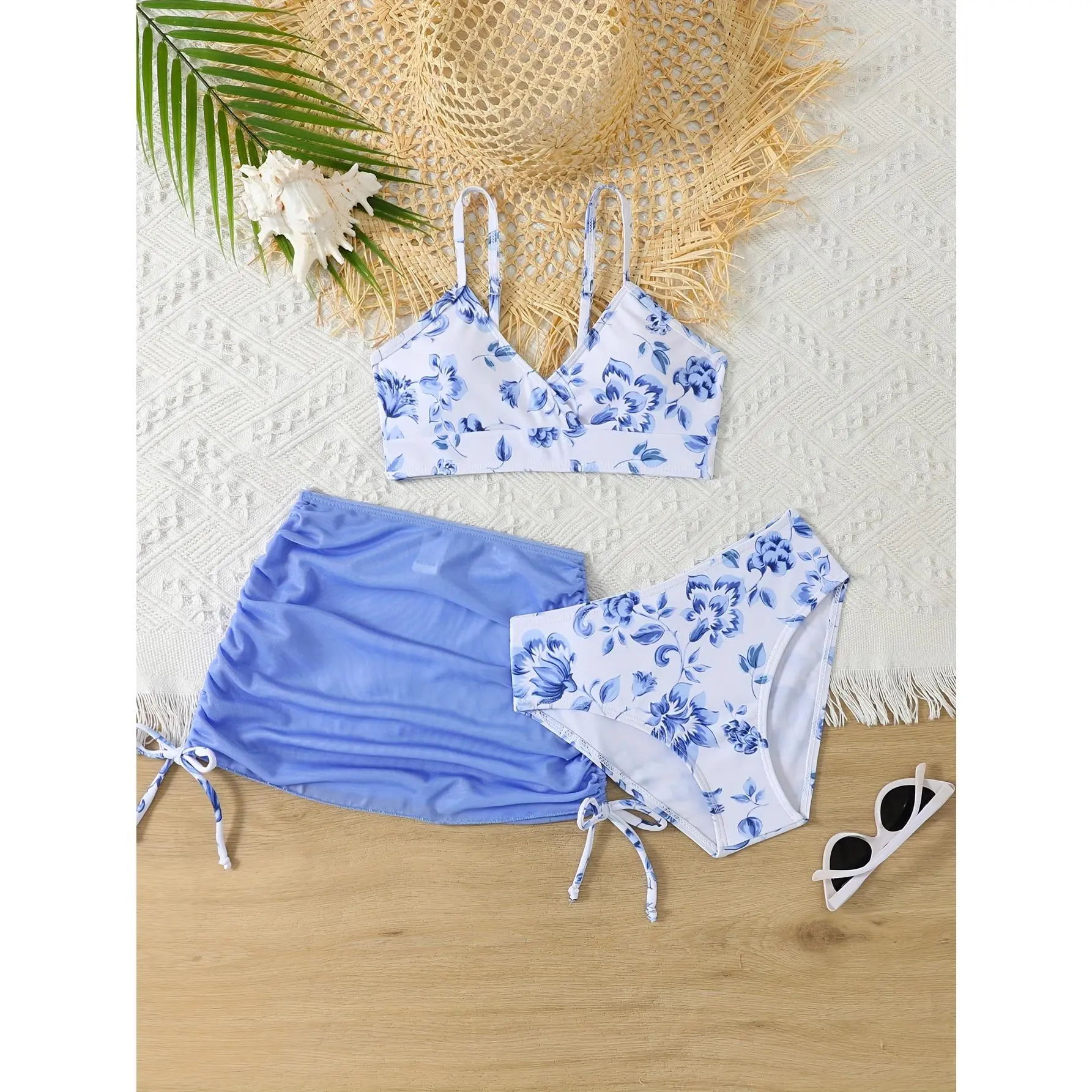 Girls' Cute 3-Piece Polyester-Blend Tankini Swimsuit Costume Set - Youth Sizes Under 12 Yrs, Stretch V-Triangle Bikini with Removable Pads, Skinny High-Waisted Pants, UV-Protective Floral Skirt, Swimming Bathing Suit Beachwear